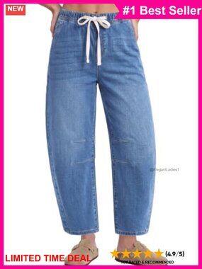 High Rise Barrel Leg Cropped Jeans Elastic Drawstring Denim Pants